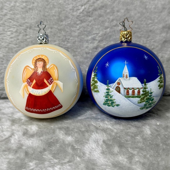 Vintage Hand Painted Glass Ornaments Cottagecore Set 2 Christmas Angel Church - Picture 2 of 8